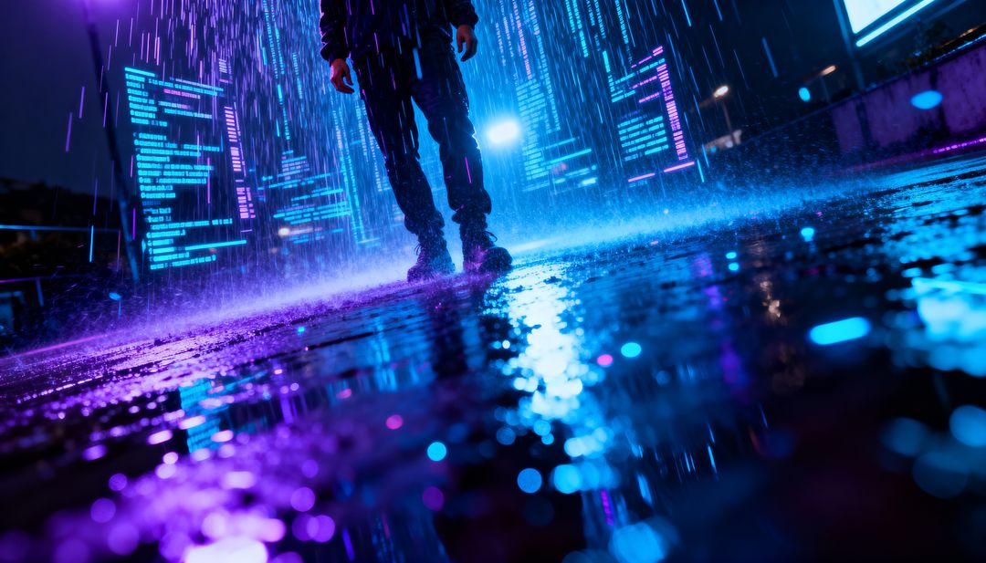 Cyberpunk Night Walk on Wet Neon Street with Holographic Code Panels and Rain Reflections