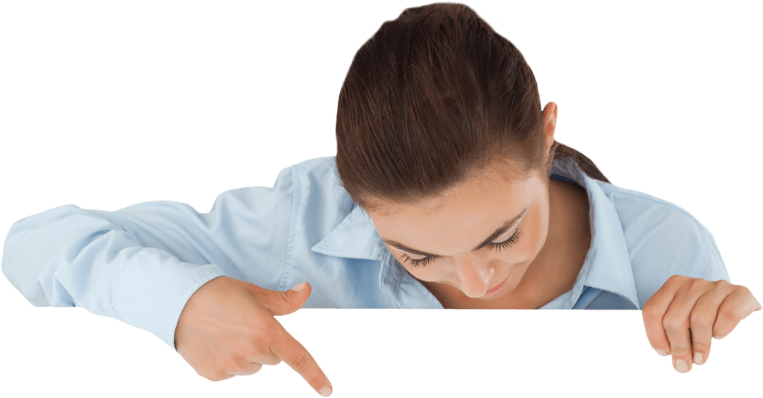 Businesswoman Pointing Down at Blank Transparent Space