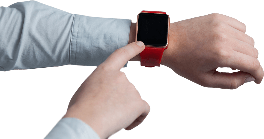 Person Using Transparent Smart Watch with Red Strap