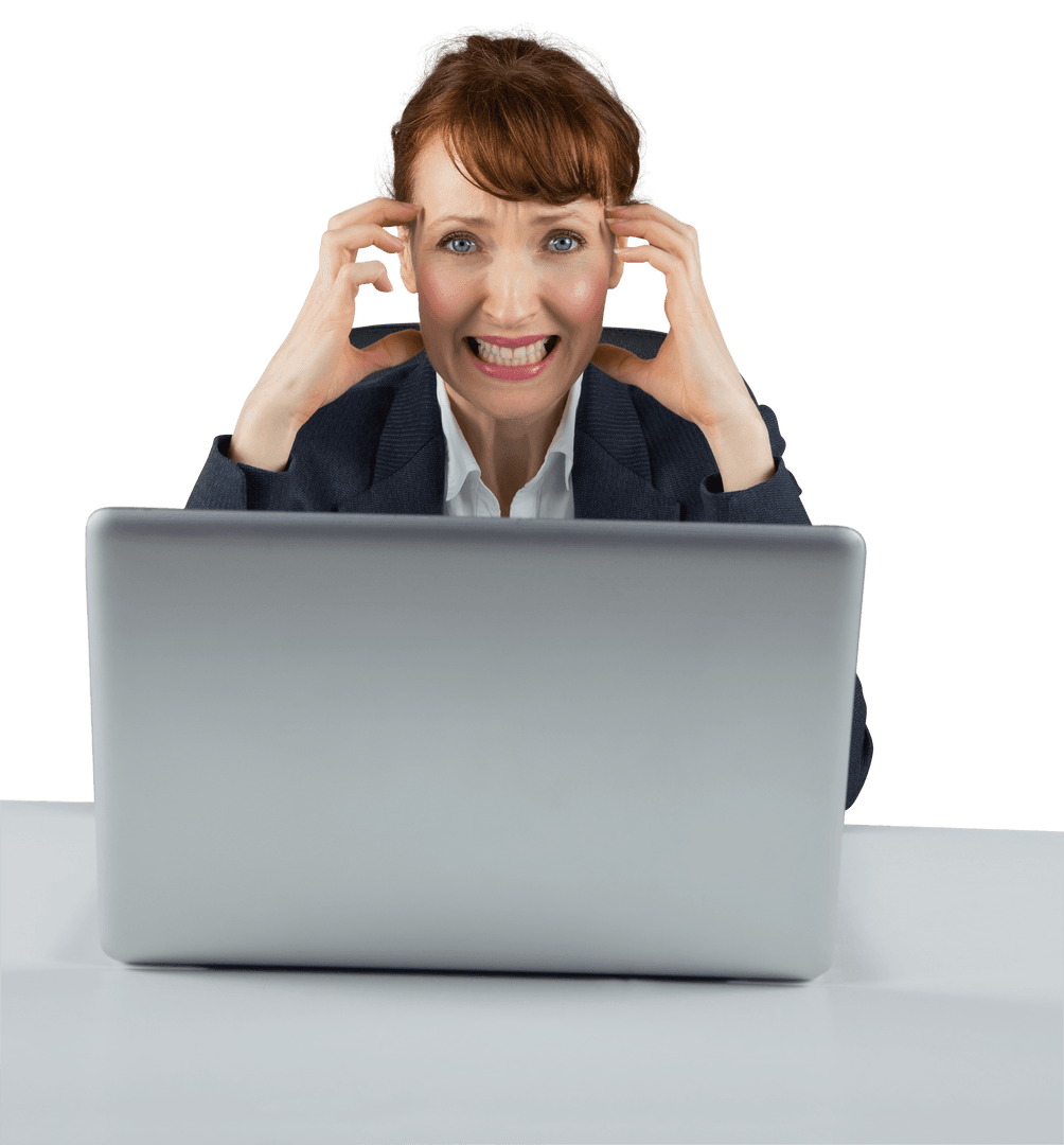 Transparent Stressed Caucasian Businesswoman with Laptop
