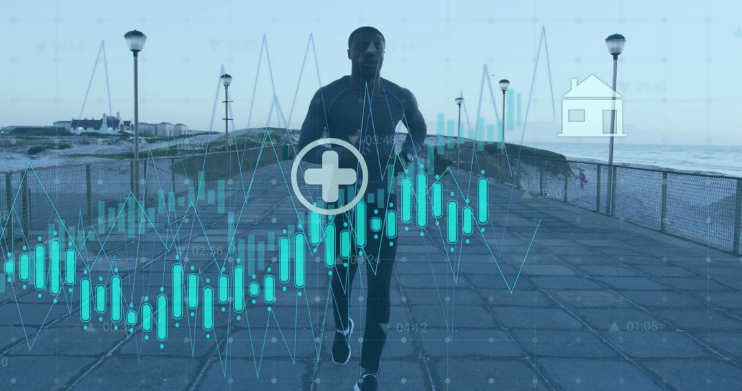 AI Technology Overlays on Athlete Running at Seaside