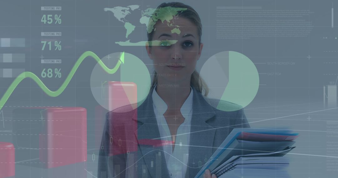 Businesswoman amidst Financial Graphs and Global Data Visualizations