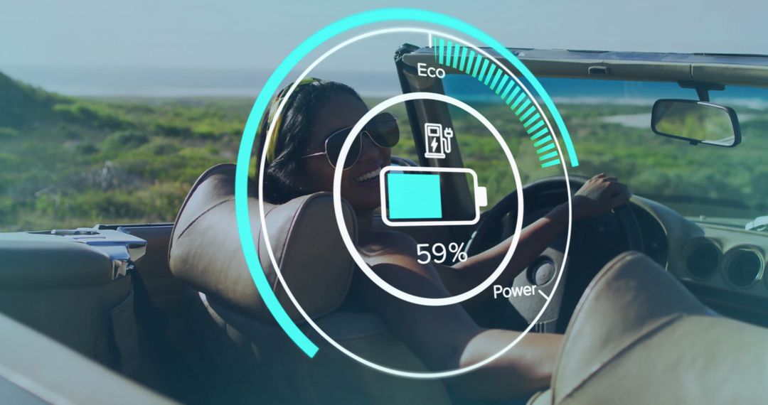 Convertible Driving with Digital Battery Display on Coastal Highway