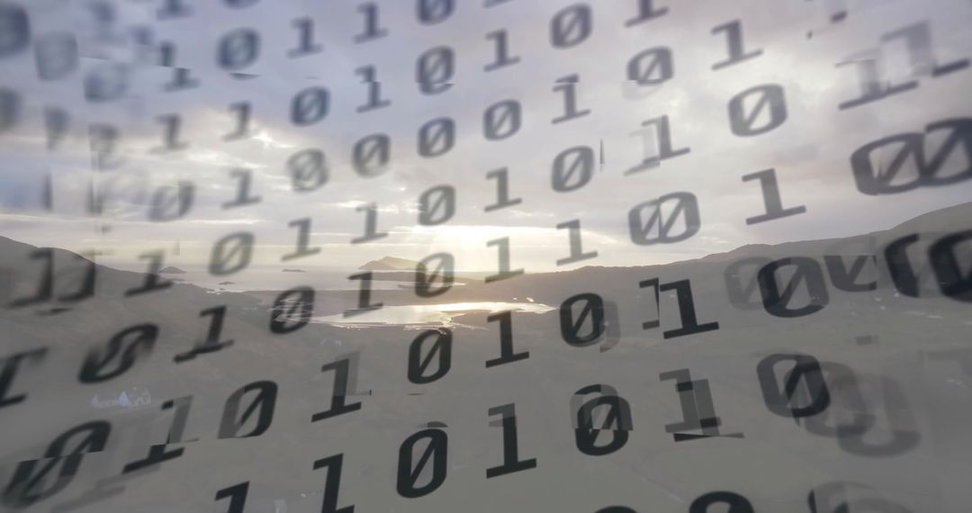 Binary Digits Over mountain Valley at Serene Sunset