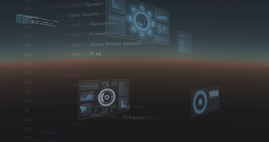 Floating Holographic HUD Displaying Cybersecurity Code and Analytics Above Dusk Horizon