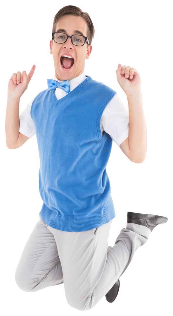 Enthusiastic Hipster Jumping with Energy in Transparent Background