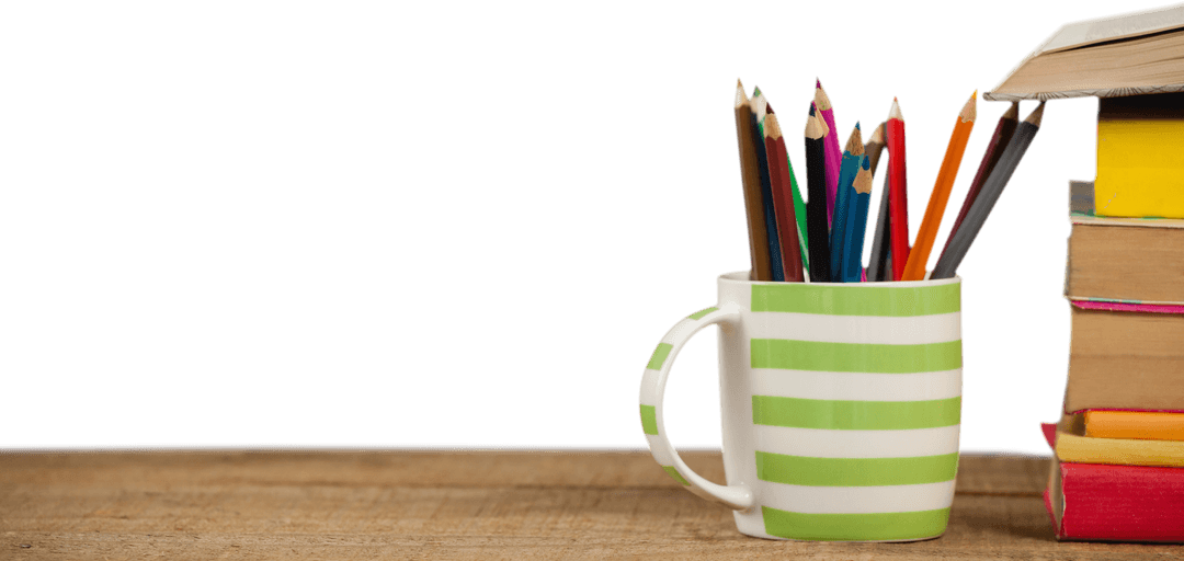 Transparent Books Stack by Mug with Colorful Pencils on Wooden Surface
