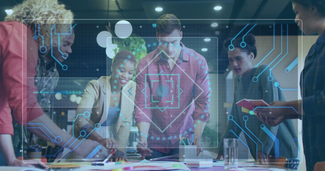 Diverse Team Engaging in Project Discussion with Virtual Interface