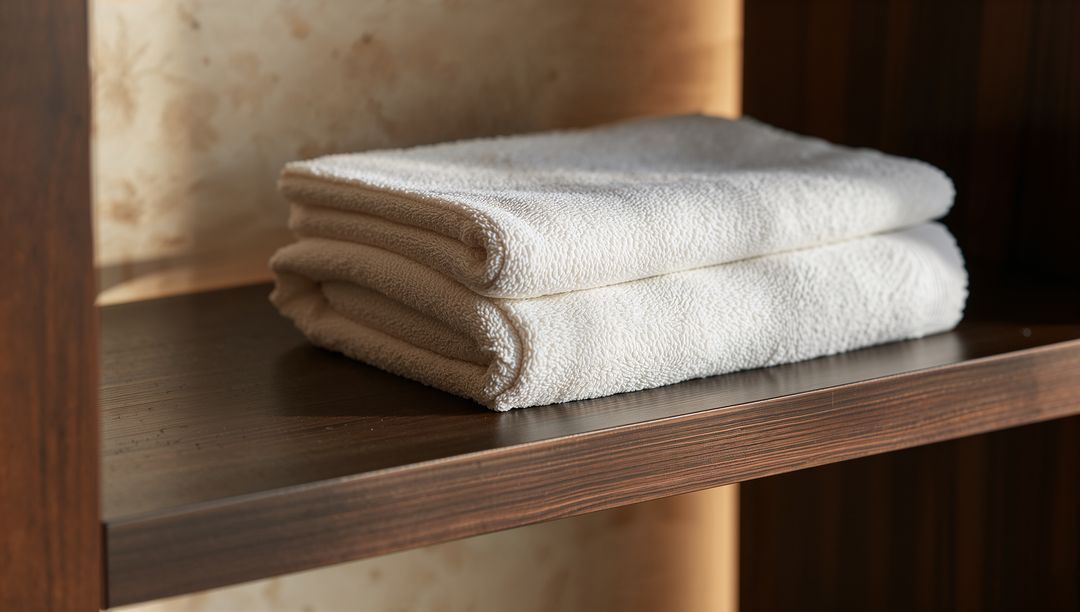 Stacking White Terry Towels on Dark Wood Shelf with Warm Ambient Light