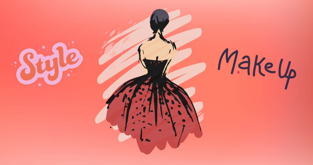 Fashion Illustration of Elegant Woman in Black Dress on Pink Background