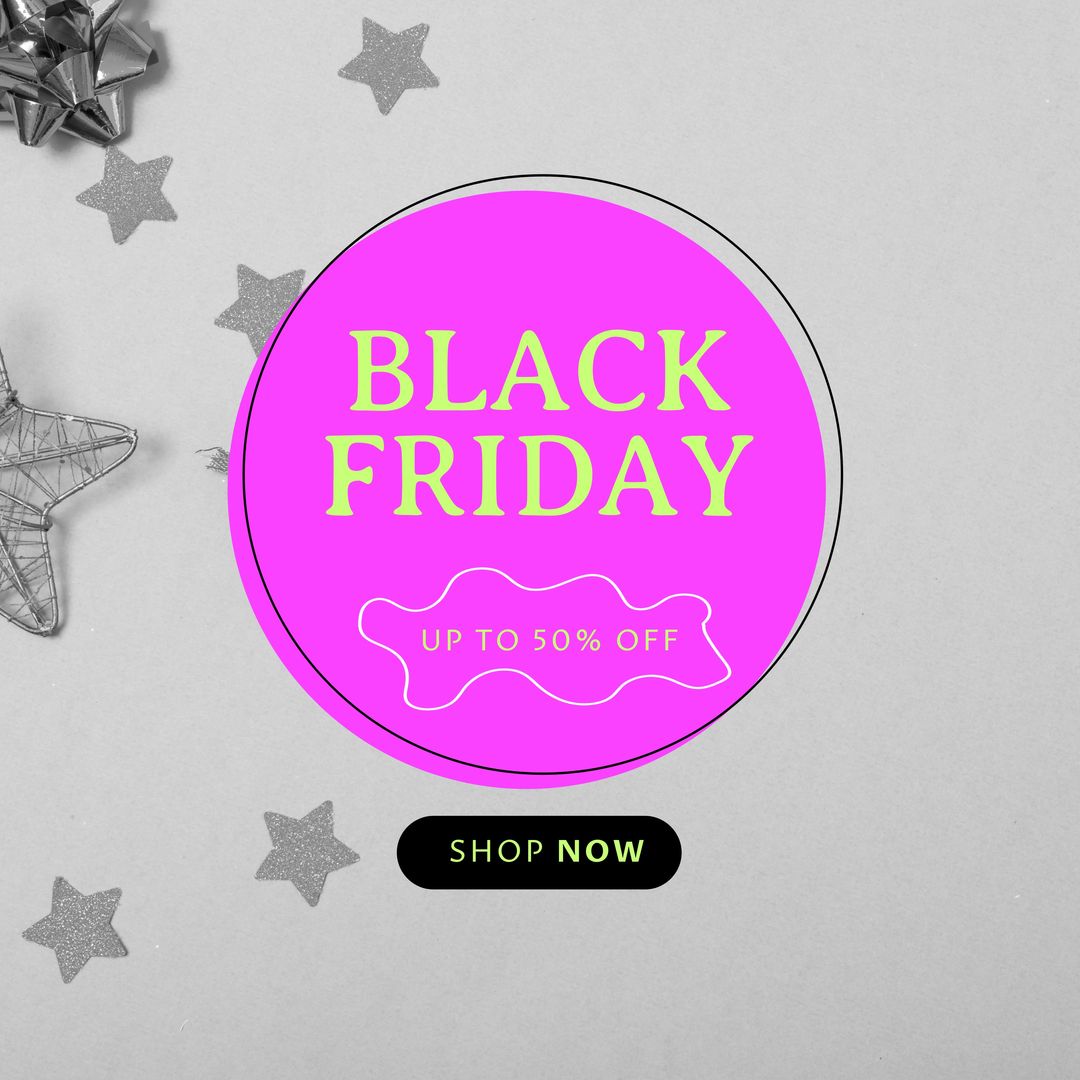 Composition of black friday up to 50 percent off shop now text over decorations on grey background - Download Free Stock Templates Pikwizard.com