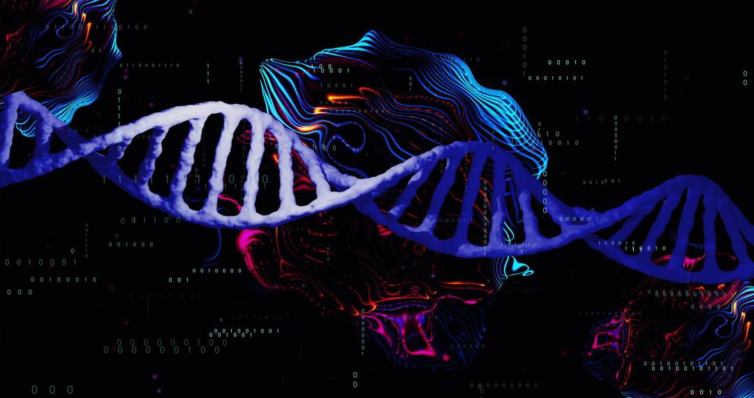 Futuristic DNA Strand with Digital Overlay on Dark Background