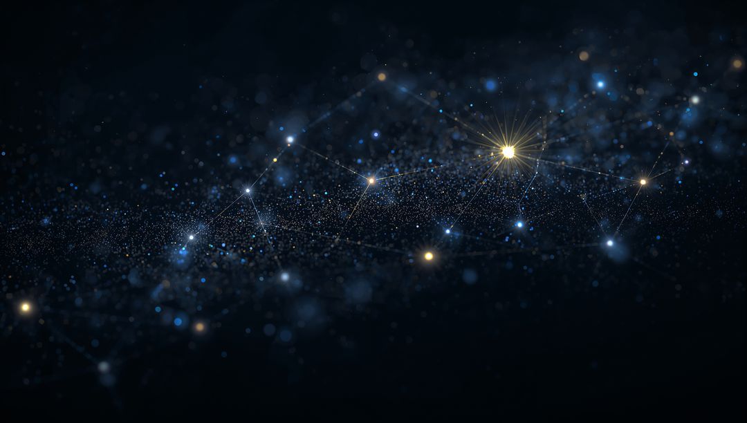 Connecting network of blue nodes with golden starburst, abstract digital constellation