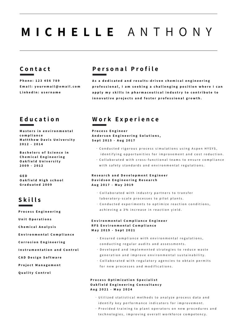 Chemical Engineer Professional Resume with Experience in Innovation Project Management - Download Free Stock Templates Pikwizard.com