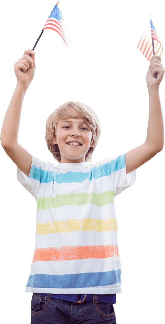Smiling Boy with USA Flags on Transparent Background