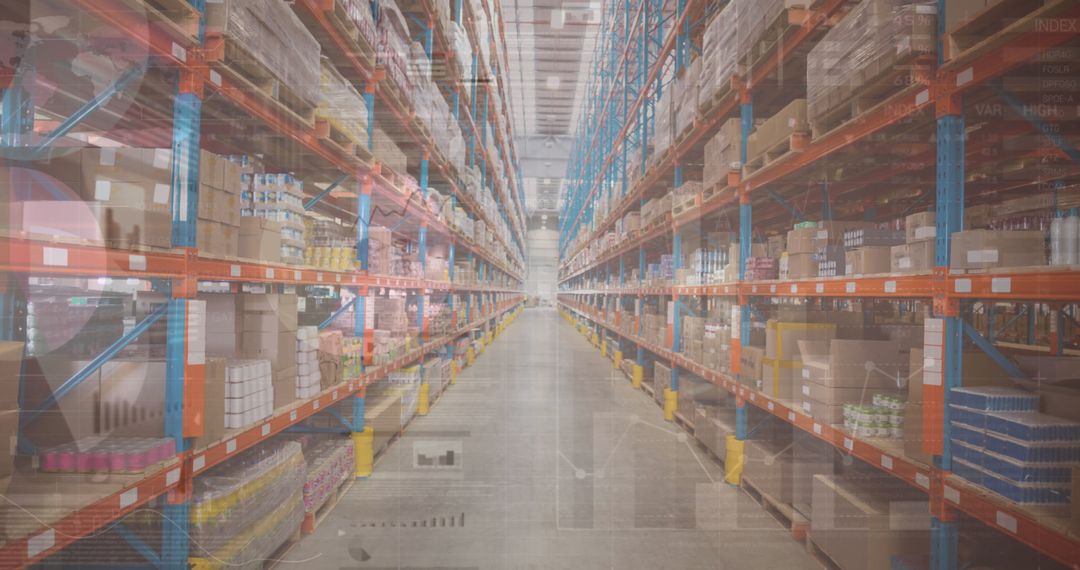 Warehouse Aisle Overlaid with Financial Data Visualization