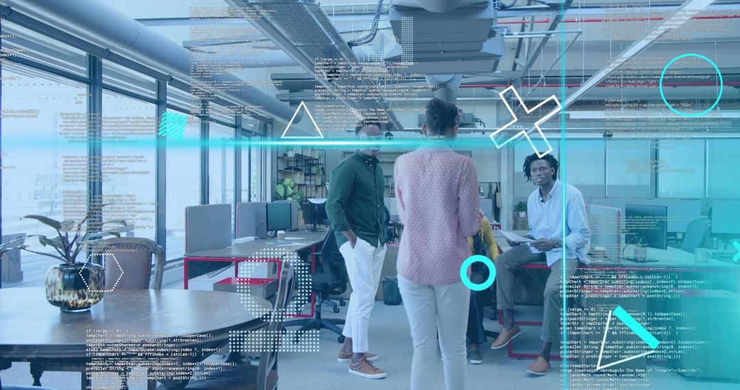 Team Collaborating in Modern Open-Plan Office with Augmented Reality Code Overlays