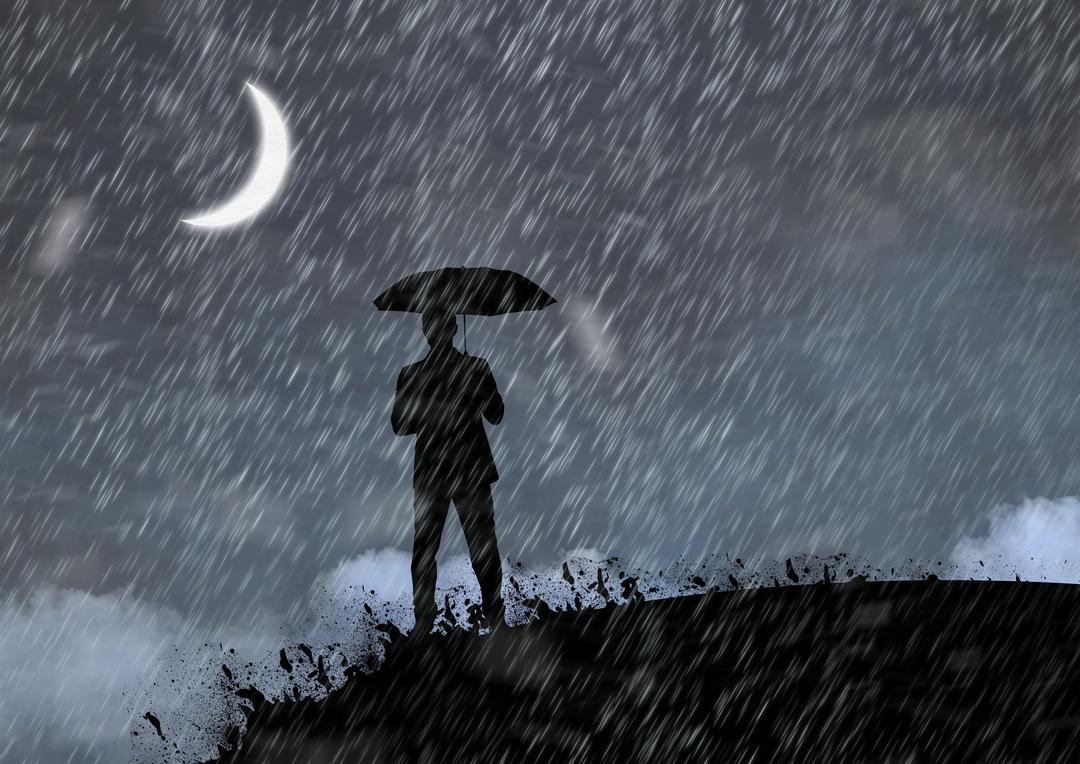 Digitally generated image of man holding an umbrella in rain - Free Images, Stock Photos and Pictures on Pikwizard.com