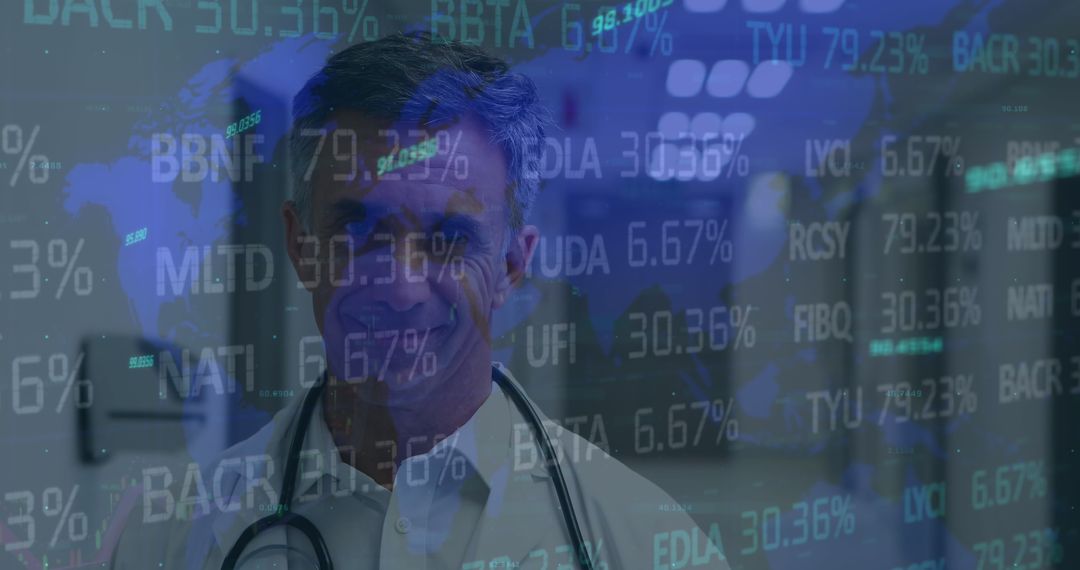 Doctor in Hospital with Digital Financial Data Overlay