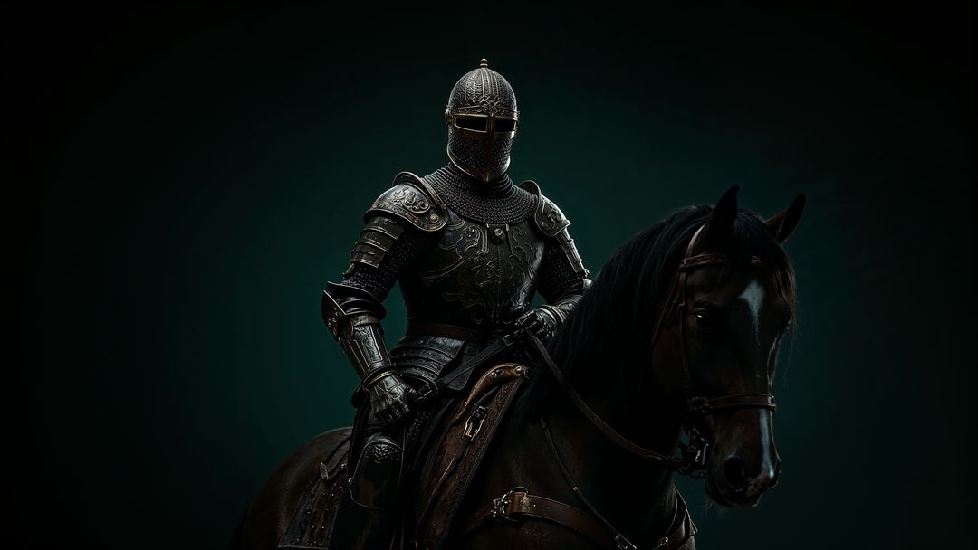 Medieval Knight with Intricate Armor on Dark Horse