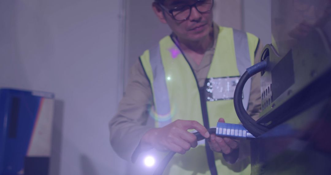 Warehouse Worker Inspecting Equipment Under Glowing Light