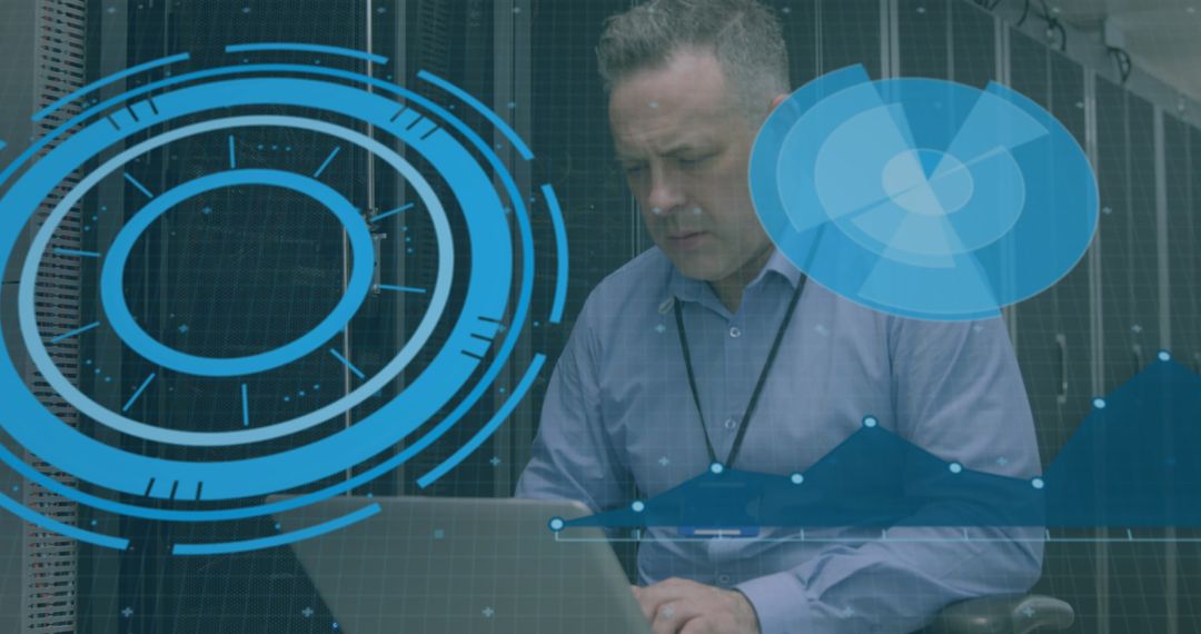 Male IT Technician Monitors Data in Futuristic Server Room