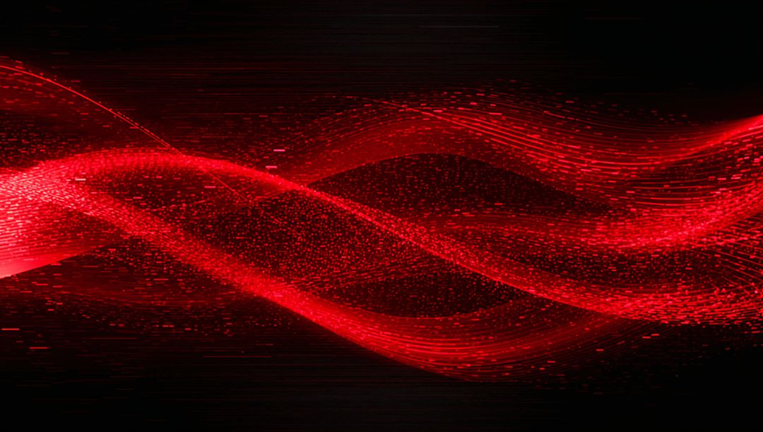Flowing Red Digital Wave Featuring Particle Trails and Glowing Scanlines