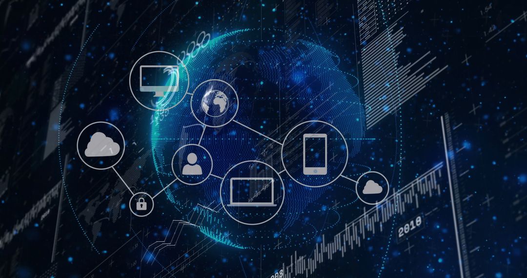 Digital Network Visualization with Technology and Security Icons