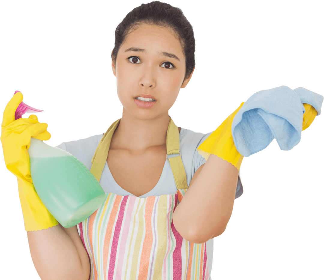 Weary Woman in Apron with Cleaning Supplies on Transparent Background