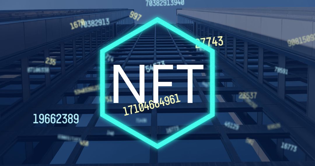 NFT Text Overlay with Falling Numbers on Digital Network