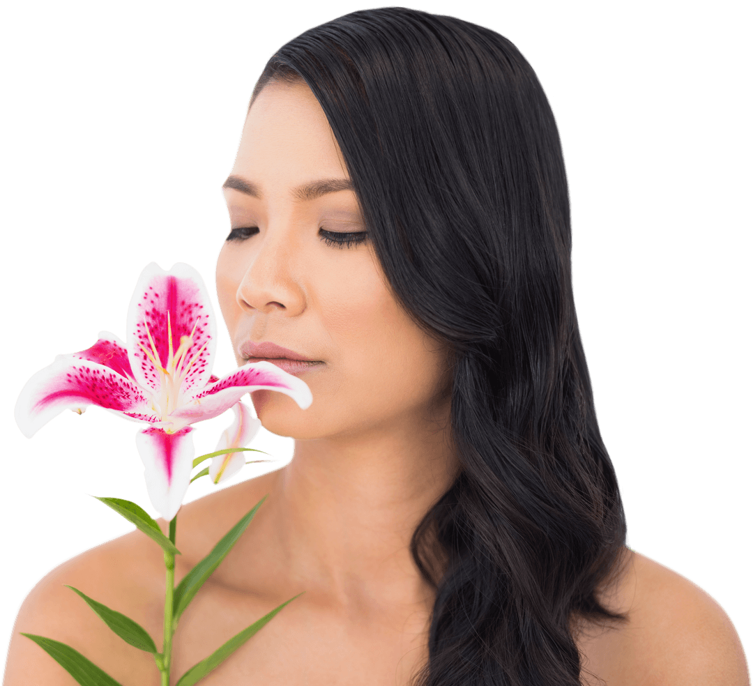 Peaceful Woman with Transparent Background Smelling a Beautiful Lily