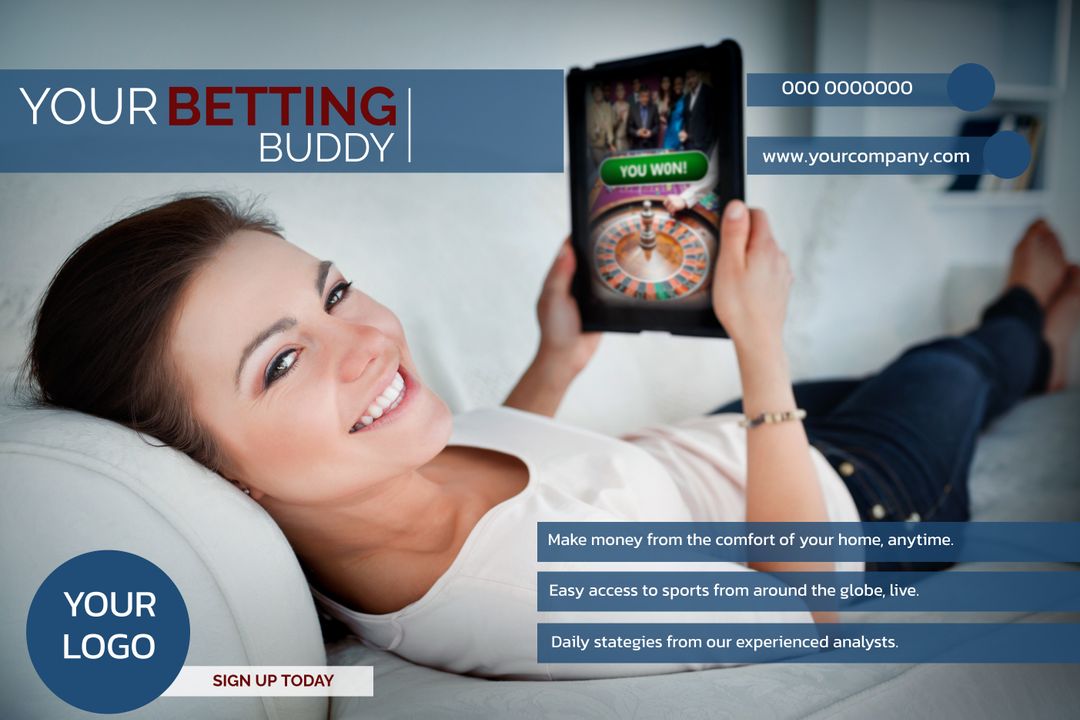 Happy Woman Winning Online Bet on Tablet Relaxing on Sofa - Download Free Stock Templates Pikwizard.com