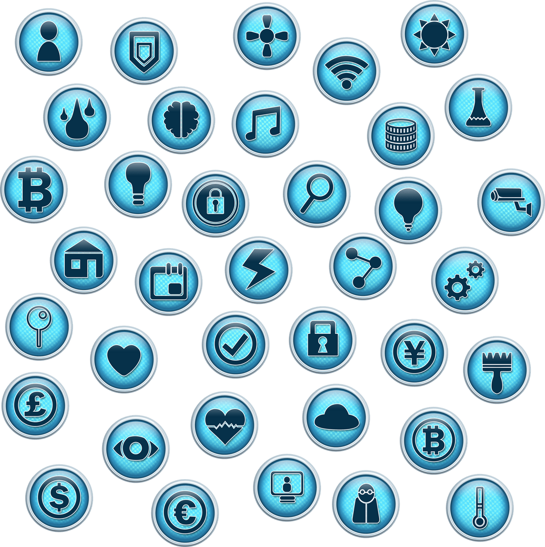Transparent Icons Set with Diverse Digital Symbols on Blue Buttons