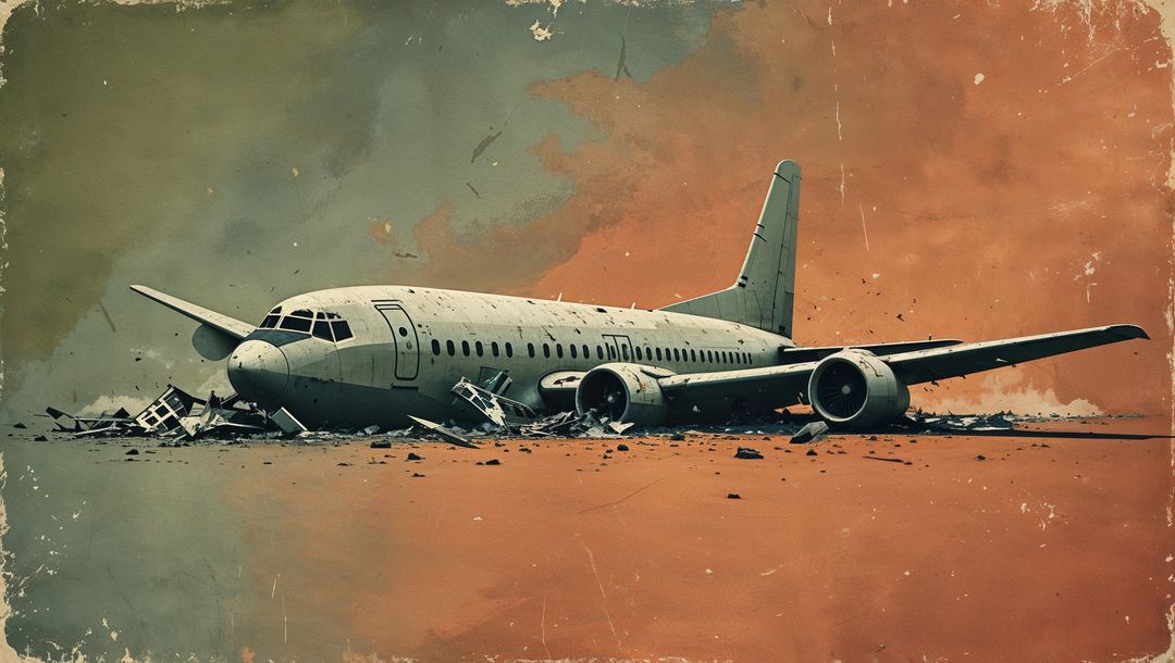 Plane crash wrecked on arid landscape at sunset