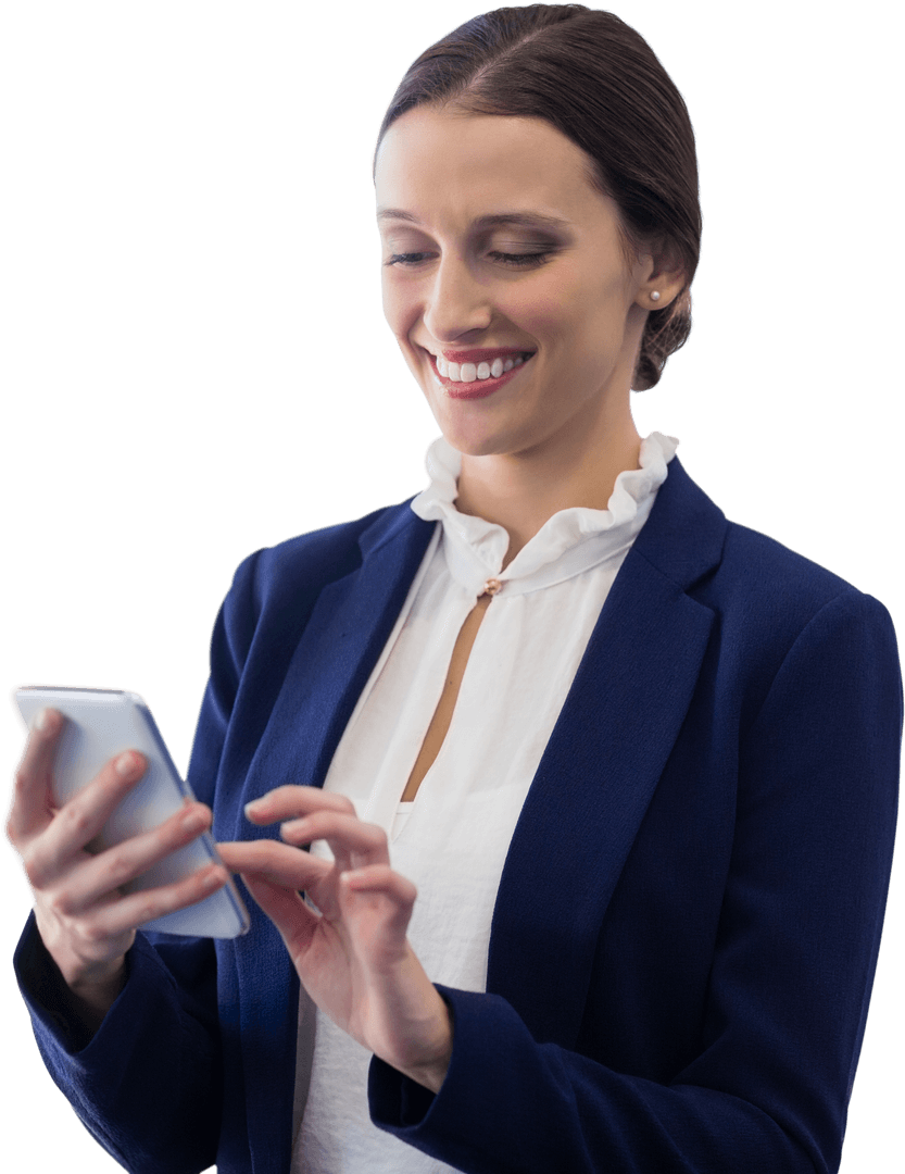 Transparent Businesswoman Smiling While Using Mobile Phone in Formal Attire