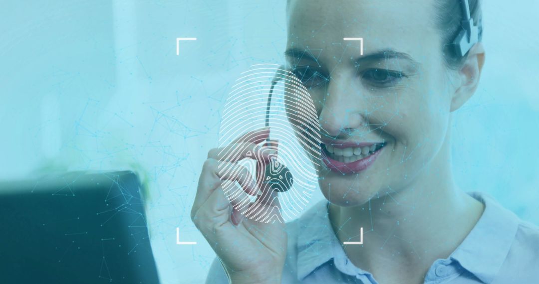 Businesswoman Using Phone Headset with Digital Fingerprint Concept