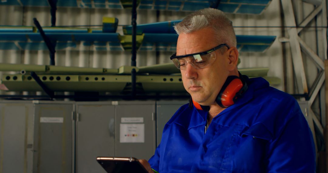 Engineer in protective gear using tablet in industrial facility - Free Images, Stock Photos and Pictures on Pikwizard.com