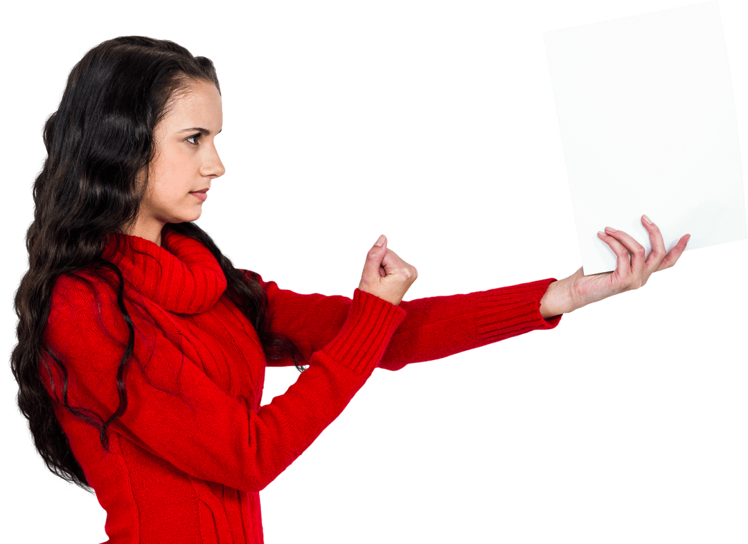 Confident Woman Holding Transparent Document Wearing Red Sweater
