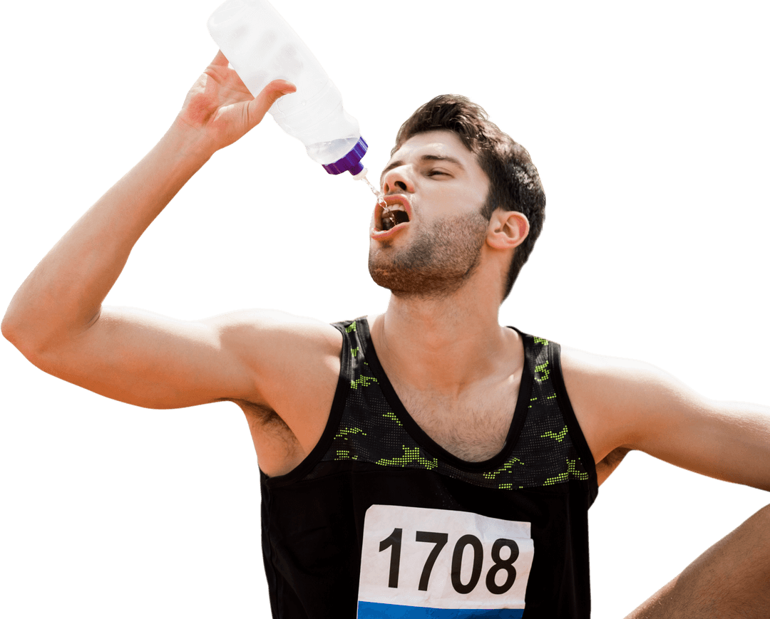 Athlete in Action Hydrating with Water Bottle on Transparent Background