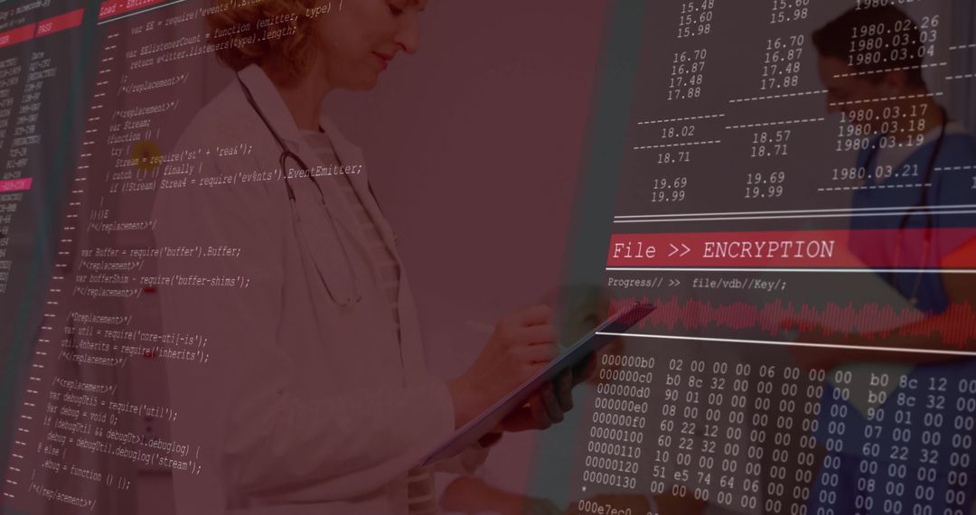 Healthcare Professional with Encryption Overlay Illustrating Cybersecurity