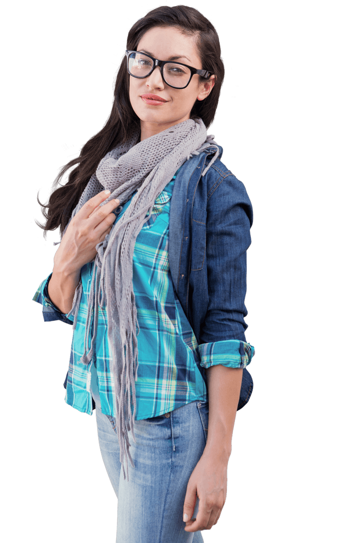 Stylish Biracial Woman with Glasses and Scarf on Transparent Background