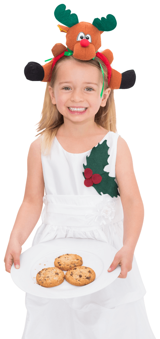 Smiling Girl Holding Cookies Wearing Reindeer Headband