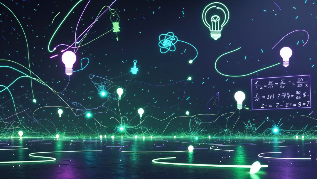 Futuristic Glow of Digital Innovation: Neon Lightbulbs & Math