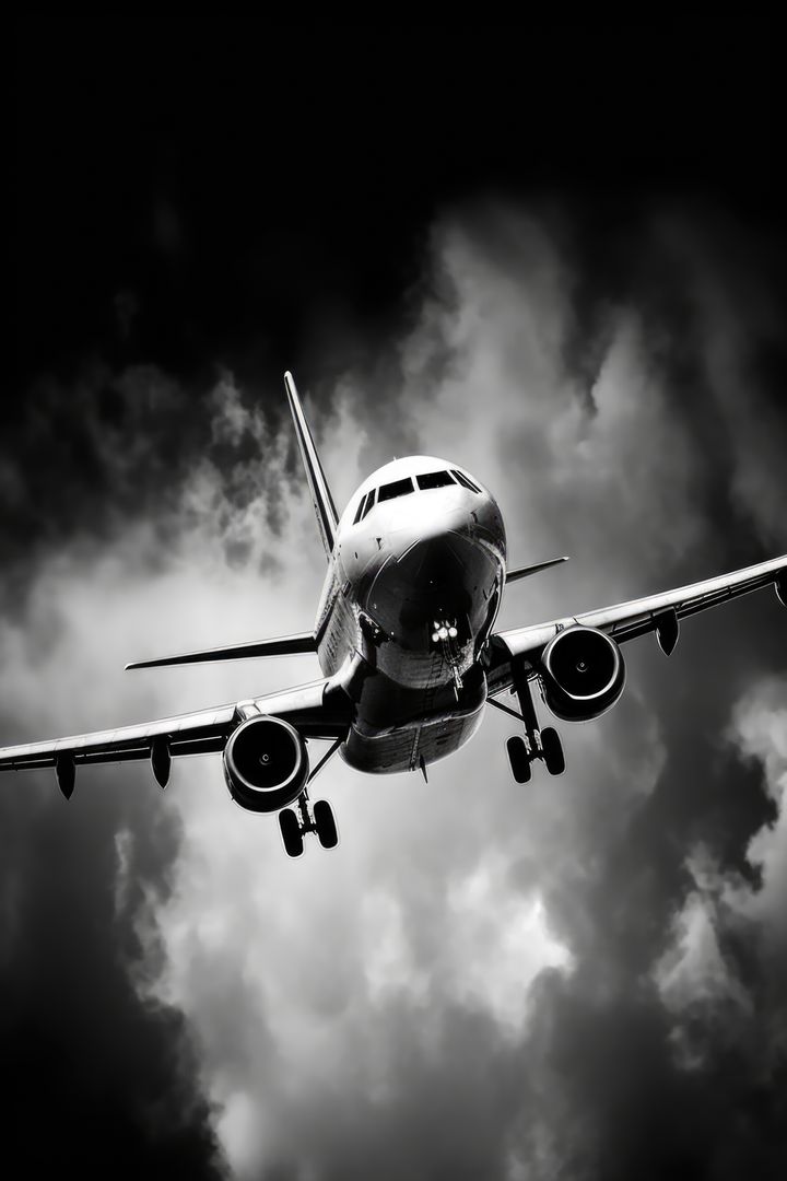 Dramatic Black and White Airplane in Stormy Sky - Free Images, Stock Photos and Pictures on Pikwizard.com