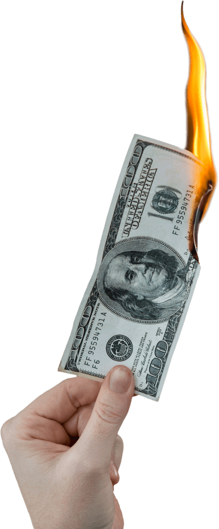 Human Hand Holding Burning Hundred Dollar Bill with Transparent Background