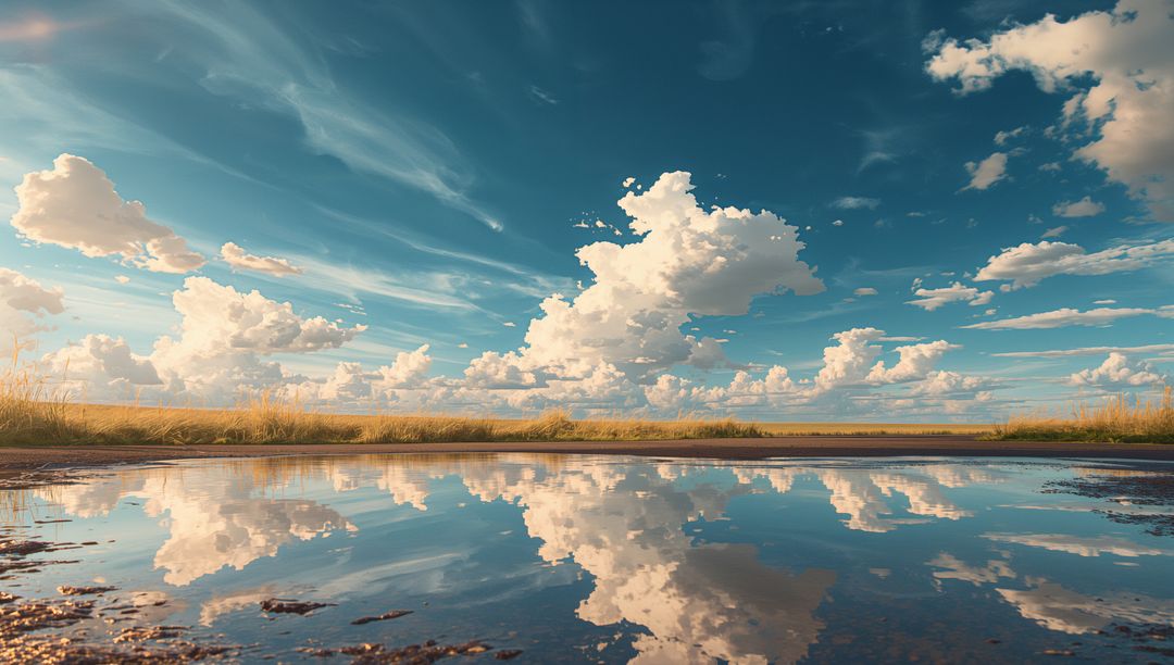 Dramatic cumulus and cirrus clouds reflecting in shallow marsh pool over grassland horizon