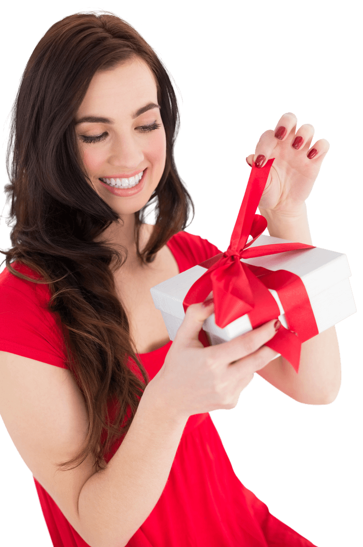 Smiling Woman Opening Gift With Red Bow Transparent Background