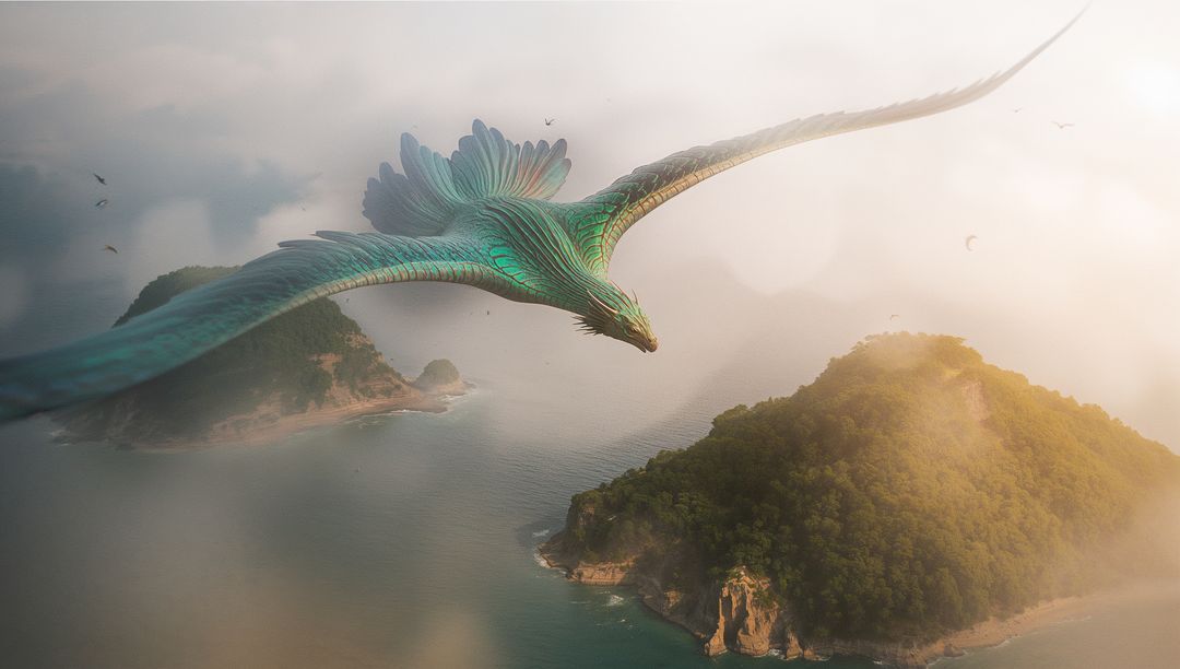 Majestic Mythical Dragonbird Gliding Over Misty Islands
