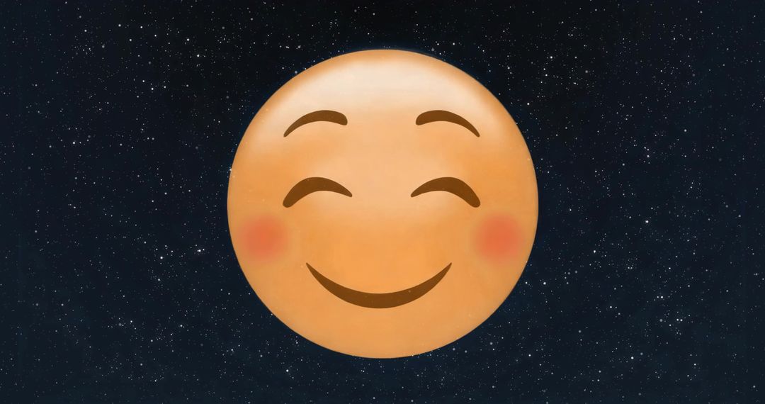 Smiling Rosy-Cheek Emoji Floating Amid Starry Sky, Whimsical Cosmic Happy Face