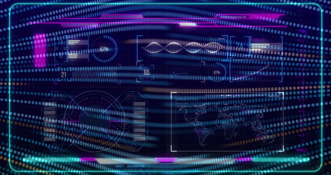 Displaying Holographic Neon HUD Dashboard with Waveform Analytics and Global Data Map